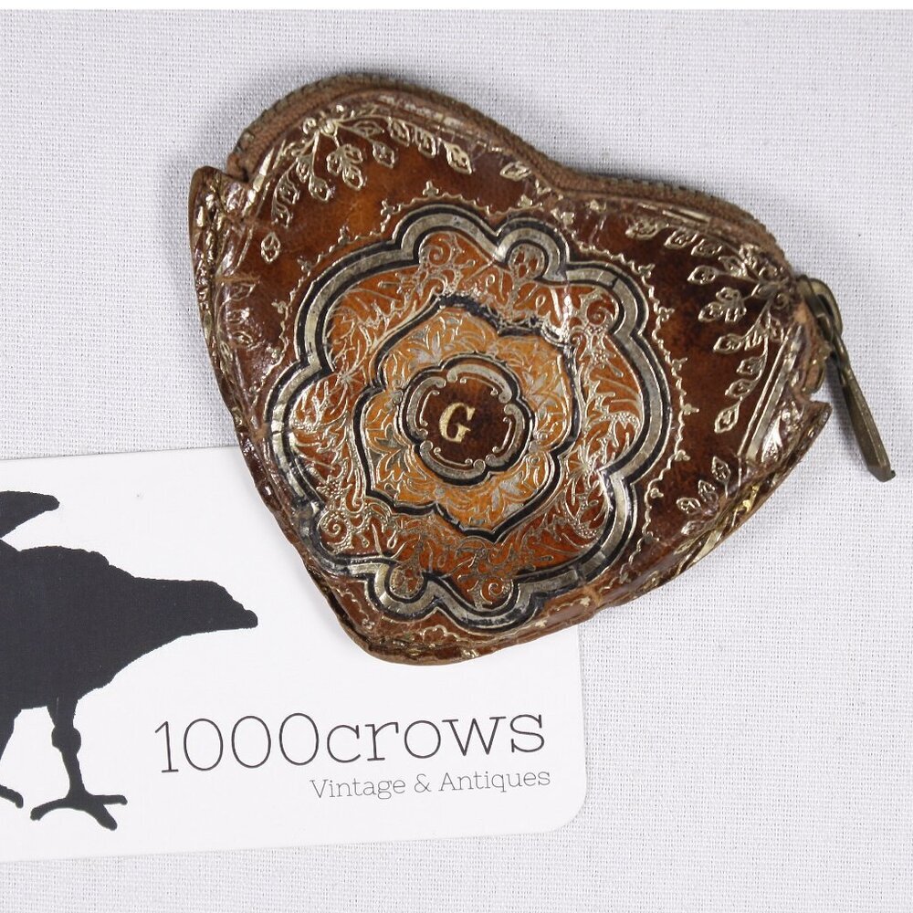 Vintage leather heart shaped coin wallet, Italian tooled leather coin purse,
